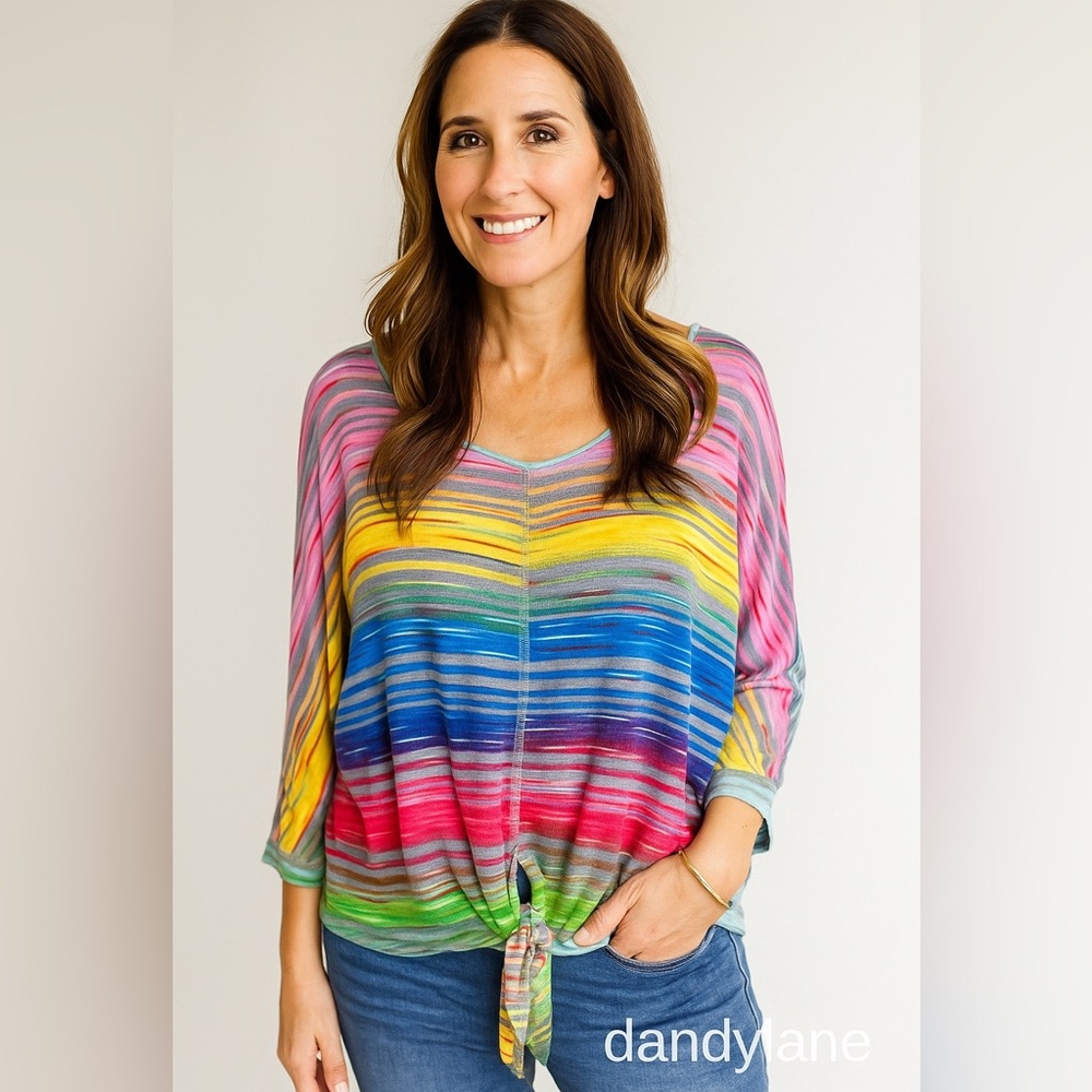 John Paul Richard Rainbow Multi Striped Tie Front Top Size Large
